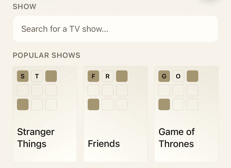 Ziko's New Puzzle screen: a search field above a grid of shows including Stranger Things, Friends and Game of Thrones.
