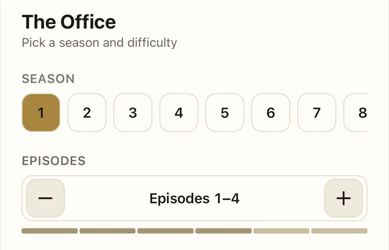 The puzzle setup sheet for The Office, season 1, with the Episodes control set to Episodes 1 to 4.